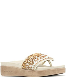 �h�i���h�v���l�[�� ���f�B�[�X �V���[�Y �T���_�� �X�p���R�[�� ���U�[ Donald Pliner Fifi Beaded Sequined Leather Wedge Thong Sandals Natural/White �z���C�g