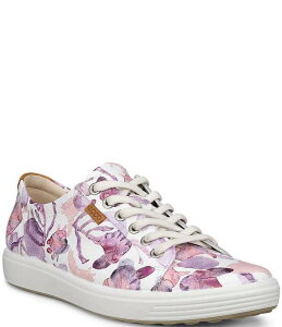 �G�R�[ ���f�B�[�X �V���[�Y �X�j�[�J�[ �t�����[�� �v�����g ���[�X ���U�[ �t�����[ ECCO Women'soft VII Leather Floral Print Lace Up Sneakers White Floral �z���C�g