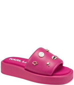 �J�[�� ���K�[�t�F���h ���f�B�[�X �V���[�Y �T���_�� �v���b�g�t�H�[�� KARLAGERFELD PARIS Opal Macaron Charms Platform Wedge Slide Sandals Hot Pink �s���N