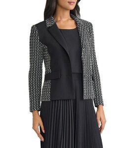 �~�\�b�N ���f�B�[�X �A�E�^�[ �R�[�g �c�C�[�h �u���U�[ �j�b�g MISOOK Tailored Mixed Media Tweed Knit Notch Lapelong Sleeve Blazer Black/White �z���C�g