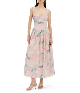 �o�[�h�b�g ���f�B�[�X �g�b�v�X �����s�[�X �v�����g �~�f�B Bardot Cartia Printed Midi Dress With Corset Bodice Pink Floral �s���N