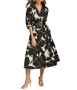 �_�i�L������ ���f�B�[�X �g�b�v�X �����s�[�X A ���C�� �v�����g �~�f�B Donna Karan Printed 3/4 Sleeve Notch Collar Belted Side Pocket A-Line Midi Dress Black/Parchm �u���b�N