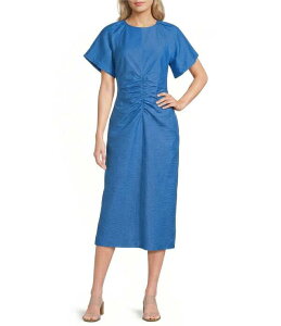 �M�u�\���A���h���e�B�}�[ ���f�B�[�X �g�b�v�X �����s�[�X �M���U�[ �~�f�B Gibson & Latimer Scoop Neck Bubble Puff Sleeve Ruched Tie Back Midi Dress Royal