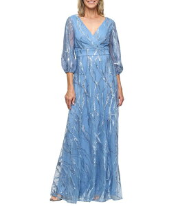 �A���b�N�X�C�u�j���O�X ���f�B�[�X �g�b�v�X �����s�[�X �`���[�� �h�J Alex Evenings Embroidered Tulle Surplice Neck Bubble Sleeve Long Dressky Blue �u���[