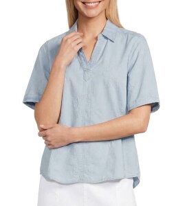 �C���g�� ���f�B�[�X �g�b�v�X �V���c �v�` �h�J Intro Petite Sizembroidered Flowers Point Collar Elbow Sleeve Shirttail Hem Shirt Light Bleach Wash