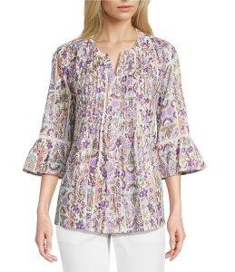 �A���\�� �f�C���[ ���f�B�[�X �g�b�v�X �V���c �v�` �v�����g �u���E�X Allison Daley Petite Size Lavender Garden Print 3/4 Bell Sleeve Button Front Y-Neck Blouse Lavender Multi Garden ���x���_�[