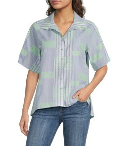 �A�� �}�C���X ���f�B�[�X �g�b�v�X �V���c �v�����g Ali Miles Woven Yarn-Dyed Stripe Clippedetail Print Point Collar Elbow Length Button-Front Shirt Blue �u���[