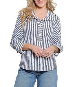 �A�� �}�C���X ���f�B�[�X �g�b�v�X �V���c Ali Miles Woven Jacquard Yarn-Dyed Stripe Point Collar 3/4 Cuffed Sleeve Top Gray Stripe �O���[