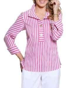 �A�� �}�C���X ���f�B�[�X �g�b�v�X �V���c Ali Miles Woven Jacquard Yarn-Dyed Stripe Point Collar 3/4 Cuffed Sleeve Top Raspberry Stripe �X�g���C�v