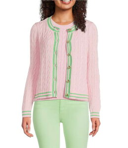 �����[�s�����b�c�@�[ ���f�B�[�X �A�E�^�[ �j�b�g�E�Z�[�^�[ �N���[�l�b�N �J�[�f�B�K�� Lilly Pulitzer Brockton Cable Knit Crew Neck Long Sleeve Stripe Trim Cardigan Conch Shell Pink �s���N