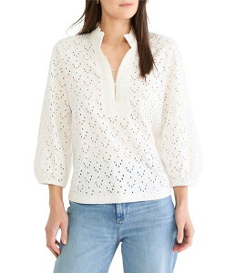 �j�b�N�A���h�]�[ ���f�B�[�X �g�b�v�X �V���c �t���� �j�b�g NIC + ZOE Knit Eyelet Banded Collaruffle Neck 3/4 Sleeve Topaper White �z���C�g