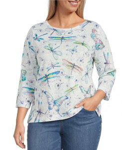 �A�� �}�C���X ���f�B�[�X �g�b�v�X �V���c �v���X�T�C�Y �v�����g Ali Miles Plusize Dragonfly Print Round Neck 3/4 Sleeve High Low Hem Top Multi �}���`�J���[