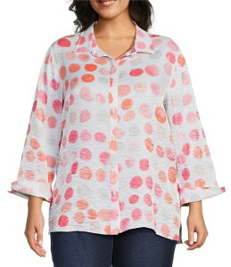 �}���`�v���Y ���f�B�[�X �g�b�v�X �V���c �v���X�T�C�Y �v�����g Multiples Plusize Shimmer Woven Dot Print Point Collar 3/4 Turn-Up Sleeve Button-Front Shirt Multi �}���`�J���[