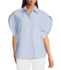 �M�u�\���A���h���e�B�}�[ ���f�B�[�X �g�b�v�X �V���c �L���b�v Gibson & Latimer Striped Woven Point Collar Cap Dolman Sleeve Circle Button Front Shirt Light Blue/White �z���C�g