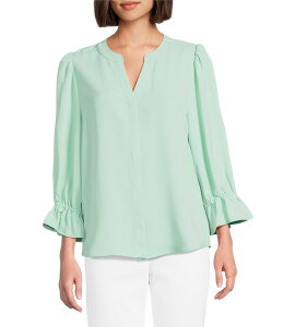 �C���x�X�g�����c ���f�B�[�X �g�b�v�X �V���c �{�^���_�E�� �u���E�X Investments Julie 3/4 Sleeve Y-Neck Button Down Blouse Grayed Jade