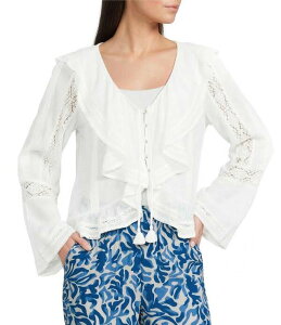 �G���� ���f�B�[�X �g�b�v�X �V���c �t���� ���[�X ELAN Ruffle Scoop Neck Lace Long Bell Sleeve Button Frontop White �z���C�g