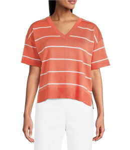 �C���x�X�g�����c ���f�B�[�X �A�E�^�[ �j�b�g�E�Z�[�^�[ V�l�b�N ���u Investmentstriped 3/4 Sleeve V-Neck Ribbed Trim Sweater Peach Echo/White �z���C�g