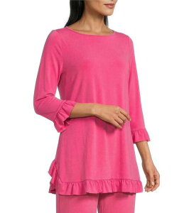 �A�C�V�[�R���N�V���� ���f�B�[�X �g�b�v�X �J�b�g�\�[ �t���� �j�b�g ICollection Knit Boat Neck 3/4 Ruffle Sleeve Flounce Tunic Pink �s���N
