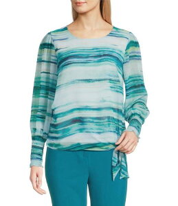 �J���o���N���C�� ���f�B�[�X �g�b�v�X �V���c �N���[�l�b�N �u���E�X Calvin Klein Mixed Media Crew Neck Long Sleeve Tie Front Blouse Petrol Multi �}���`�J���[