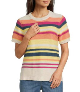 �y���h���g�� ���f�B�[�X �A�E�^�[ �j�b�g�E�Z�[�^�[ �N���[�l�b�N ���u Pendleton Ribbed Knitextured Stripe Crew Neck Short Sleeve Topink/Ecru Multi Stripe �G�N����