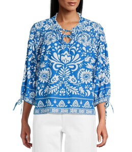 �W���� �}�[�N ���f�B�[�X �g�b�v�X �V���c �t�����[�� �V���[�����O �t�����[ John Mark Woven Floral Point Collar Smocked Yoke Long Cinched Sleeve Button-Front Shirt Blue Floral �u���[