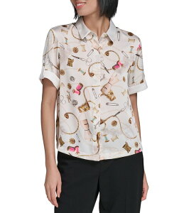 �J�[�� ���K�[�t�F���h ���f�B�[�X �g�b�v�X �V���c �N���[�v �T�e�� KARLAGERFELD PARISatin Crepe Point Collar Short Sleeve Camp Shirt Soft White Multi �z���C�g