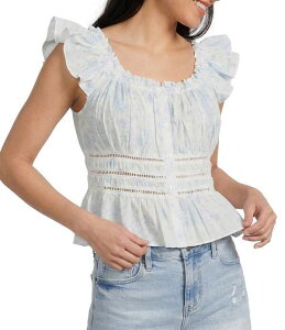 �t���b�O �A���h �A���Z�� ���f�B�[�X �g�b�v�X �V���c �v�����g Flag and Anthem Elena Short Flutter Sleeve Light Printed Top Light Blue Combo �u���[