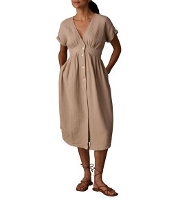 �m�[�}���u�����h ���f�B�[�X �g�b�v�X �����s�[�X V�l�b�N �~�f�B �R�b�g�� The Normal Brand Kalo Cotton Double Gauze Deep V-Neck Dolman Sleeves Button Front Midi Dressandstone