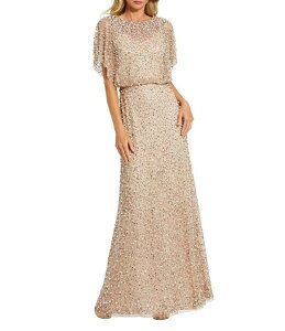 �}�b�N�_�K�� ���f�B�[�X �g�b�v�X �����s�[�X �v�` ���b�V�� �X�p���R�[�� Mac Duggal Petite Pearl Sequin Beaded Mesh Boat Neck Short Flutter Sleeve Shawl Gownude Gold �S�[���h