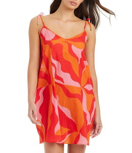 �T���N�`���A���[ ���f�B�[�X �g�b�v�X �����s�[�X V�l�b�N Sanctuary Heat Wave V-Neck Tie Straps Boxy Fit Swim Cover-Up Dress Red Energy ���b�h