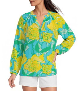�����[�s�����b�c�@�[ ���f�B�[�X �g�b�v�X �V���c �v�����g �V���N �u���E�X Lilly Pulitzer Elsa Silk Rose Bud Print Notch Neck Bracelet Sleeve Blouse Blue Curac �u���[