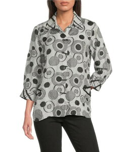 �A�� �}�C���X ���f�B�[�X �g�b�v�X �V���c Ali Miles Woven Jacquard Geo Point Collar 3/4 Cuffed Sleeve Button- Front Shirt Black White �z���C�g