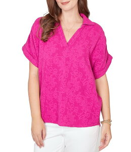 ���r�[�A�[���f�B�[ ���f�B�[�X �g�b�v�X �V���c Ruby Rd. Embossed Gauze Woven Paisley Spread Collar Short Rolled Sleeves Top Fuchsia �t���[�V��