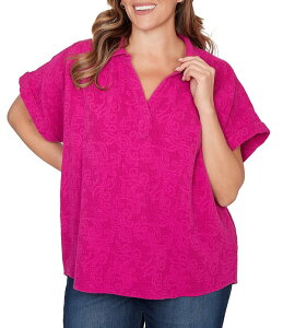 ���r�[�A�[���f�B�[ ���f�B�[�X �g�b�v�X �V���c �v���X�T�C�Y Ruby Rd. Plusizembossed Gauze Woven Paisley Spread Collar Short Rolled Sleeves Top Fuchsia �t���[�V��