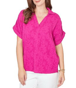 ���r�[�A�[���f�B�[ ���f�B�[�X �g�b�v�X �V���c �v�` Ruby Rd. Petite Sizembossed Gauze Woven Paisley Spread Collar Short Rolled Sleeves Top Fuchsia �t���[�V��