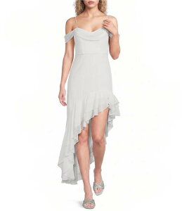 �V�e�B���@�C�u ���f�B�[�X �g�b�v�X �����s�[�X �V�t�H�� �h���[�v �t���� City Vibe Off The Shoulder Drape Chiffon Ruffle Hi-Low Dress Ivory �A�C�{���[