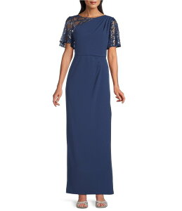 ���{ ���f�B�[�X �g�b�v�X �����s�[�X �M���U�[ ���b�V�� �X�p���R�[�� Le Bosequin Mesh Trim Ruched Shoulder Long Dress Wedgewood