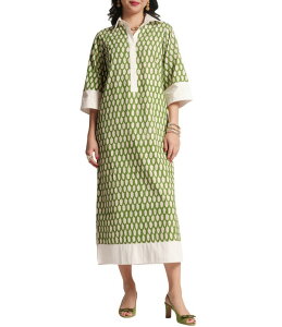 �t�����Z�X�o�����^�C�� ���f�B�[�X �g�b�v�X �����s�[�X �v�����g �~�f�B �R�b�g�� FRANCES VALENTINE Cotton Poplin Looprint Point Collar 3/4 Sleeve Midi Dress Green/Oyster �O���[��