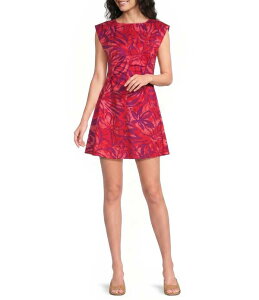 �h�i���[�K�� ���f�B�[�X �g�b�v�X �����s�[�X �v�����g �~�j �R�b�g�� Donna Morgan Cotton Abstract Print Extended Shoulder Fit And Flare Mini Dress Coral/Purple �R�[����