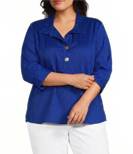 �A�� �}�C���X ���f�B�[�X �g�b�v�X �V���c �v���X�T�C�Y Ali Miles Plusize Textured Stripe Woven Wire Collar 3/4 Sleeve Button Front Placket Shirt Electrict Blue �u���[