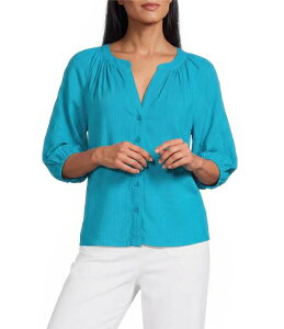 �C���x�X�g�����c ���f�B�[�X �g�b�v�X �V���c �{�^���_�E�� �v�` �_�E�� �u���E�X Investments Petite Size 3/4 Sleeve Palm Treembroidery-Neck Button Down Coordinating Blouse Bluebird