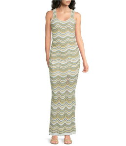 �G���� ���f�B�[�X �g�b�v�X �����s�[�X �m�[�X���[�u �j�b�g �}�L�V Elan Open Knit Chevron Round Neck Sleeveless Maxi Dress White Multi �z���C�g