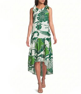 �����f�C ���f�B�[�X �g�b�v�X �����s�[�X �v�����g �~�f�B �m�[�X���[�u MELLODAY Leaf Print Gathered Neck Sleeveless Tie Shoulder High-Low Midi Dress Green/White Leaf �z���C�g