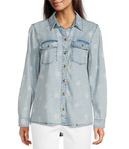 �A�� �}�C���X ���f�B�[�X �g�b�v�X �V���c �v�����g Ali Miles Woven Star Print Wire Long Roll-Tab Sleeve Button Front Shirt Star Multi �}���`�J���[