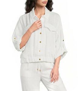 �_�i�L������ ���f�B�[�X �g�b�v�X �V���c Donna Karan Ripple Twill Point Collaroll Tab Dolman Sleeve Cinchem Snap Frontop Cream �N���[��