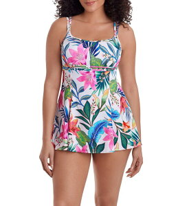 �����M�`���[�h ���f�B�[�X �g�b�v�X �����s�[�X �G���p�C�A Longitude Midnight Plumeria Tropical Bloom Long Torso Scoop Neck Empire Princesseam One Piece Swimdress White Multi �z���C�g