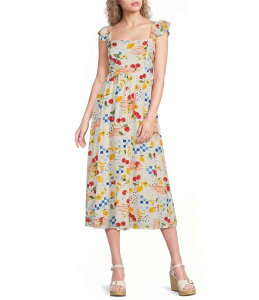 �u���[�y�b�y�[�u���[�y�b�p�[ ���f�B�[�X �g�b�v�X �����s�[�X �t���� �~�f�B Blu Pepper Picnic Motif Square Neck Ruffle Sleeve Midi Dress Off White MULTI �I�t�z���C�g