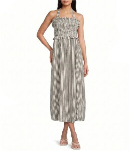 �~�b�h�i�C�g �h�[�� ���f�B�[�X �g�b�v�X �����s�[�X �V���[�����O �}�L�V �z���^�[ Midnight Doll Striped Halter Neck Smocked Tie Back Maxi Dress Black/Ivory �A�C�{���[