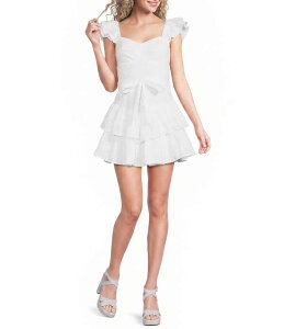 �~�b�h�i�C�g �h�[�� ���f�B�[�X �g�b�v�X �����s�[�X �t���� �h�J Midnight Doll Embroidered Eyelet Flutter Sleeve Drop Waistie Belted Ruffle Dress White �z���C�g