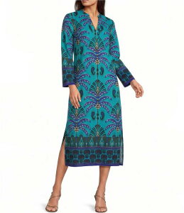 �W���[�h�R�[�i���[ ���f�B�[�X �g�b�v�X �����s�[�X V�l�b�N �v�����g Jude Connally Devon Jude Cloth Decorative Frond Peacock Print V-Neck Long Sleeve Caftan Dress Decorative Frond Peacock